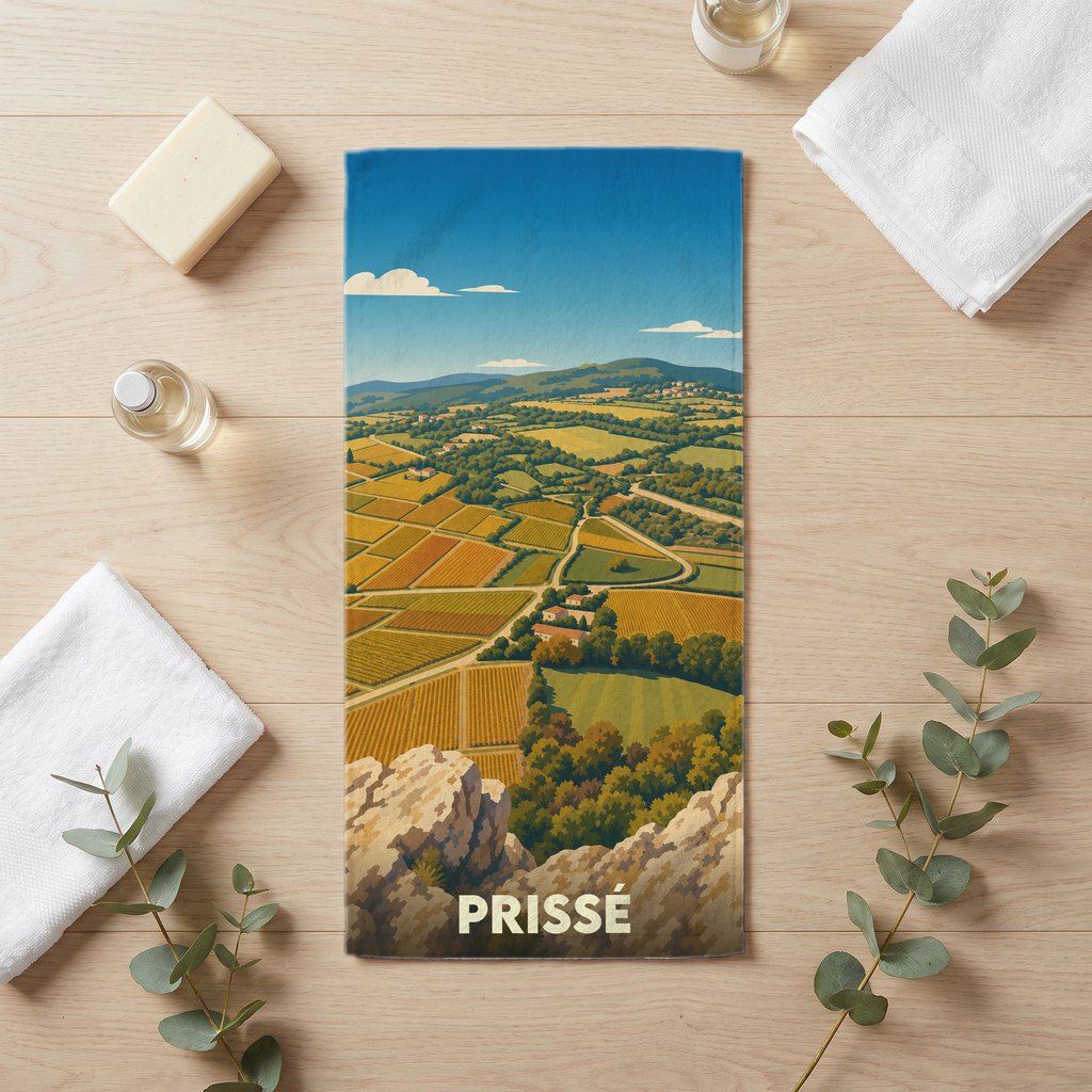 Serviette de bain souvenir de la ville de Prissé illustrée d'un paysage de vignobles vus depuis les roches.