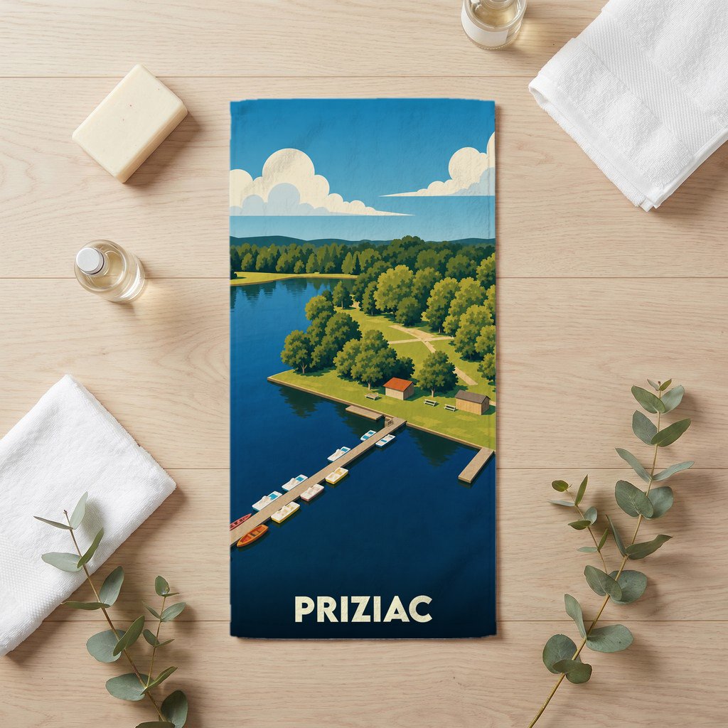 Serviette de bain souvenir de la ville de Priziac avec une illustration stylisée d'un lac et d'un ponton.