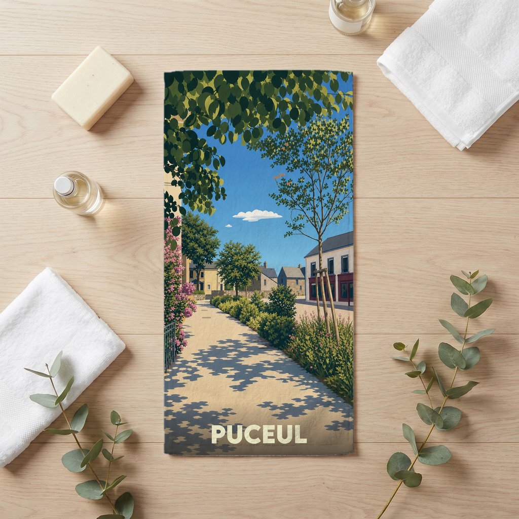 Serviette de bain souvenir de la ville de Puceul avec une illustration stylisée d'une rue ensoleillée.