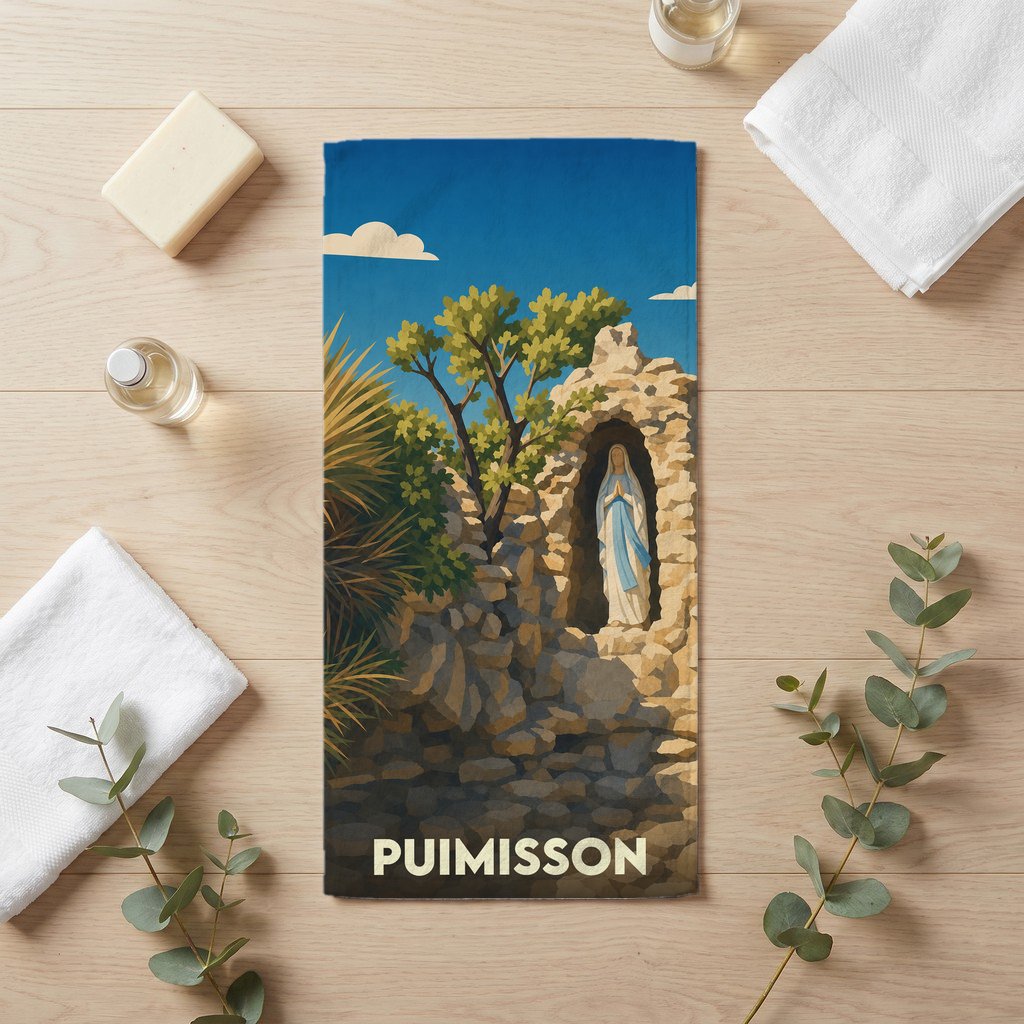Serviette de bain souvenir de la ville de Puimisson avec une illustration stylisée d'une statue de la Vierge dans une grotte.