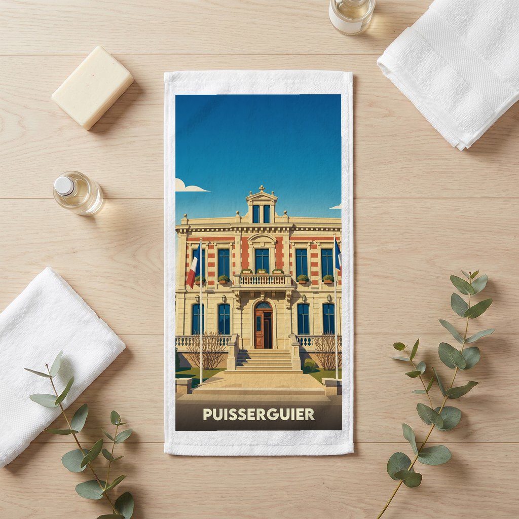 Serviette de bain souvenir de la ville de Puisserguier avec une illustration stylisée de sa mairie.