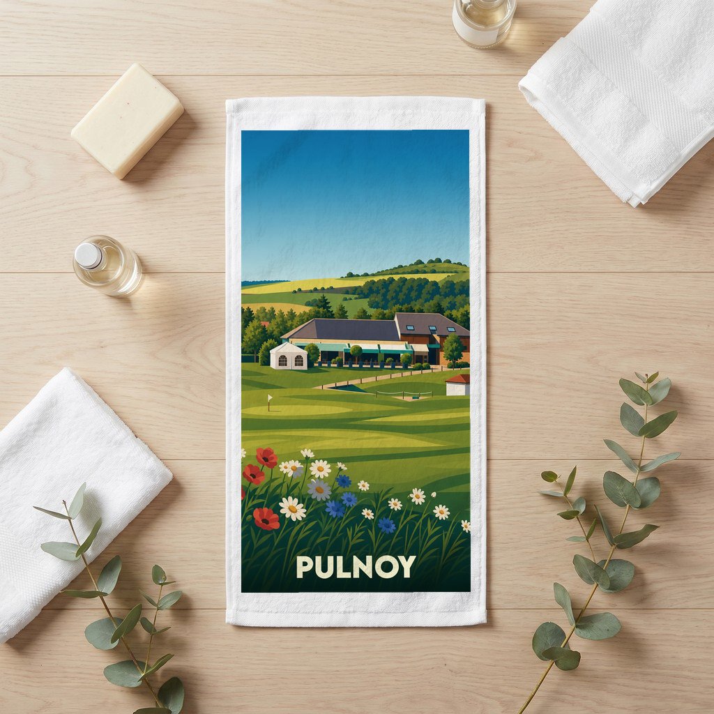 Serviette de bain souvenir de la ville de Pulnoy avec une illustration stylisée d'un paysage de golf.