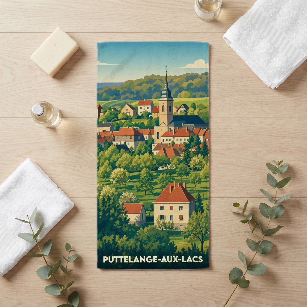 Serviette de bain souvenir de Puttelange-aux-Lacs illustrée d'un paysage de village pittoresque.