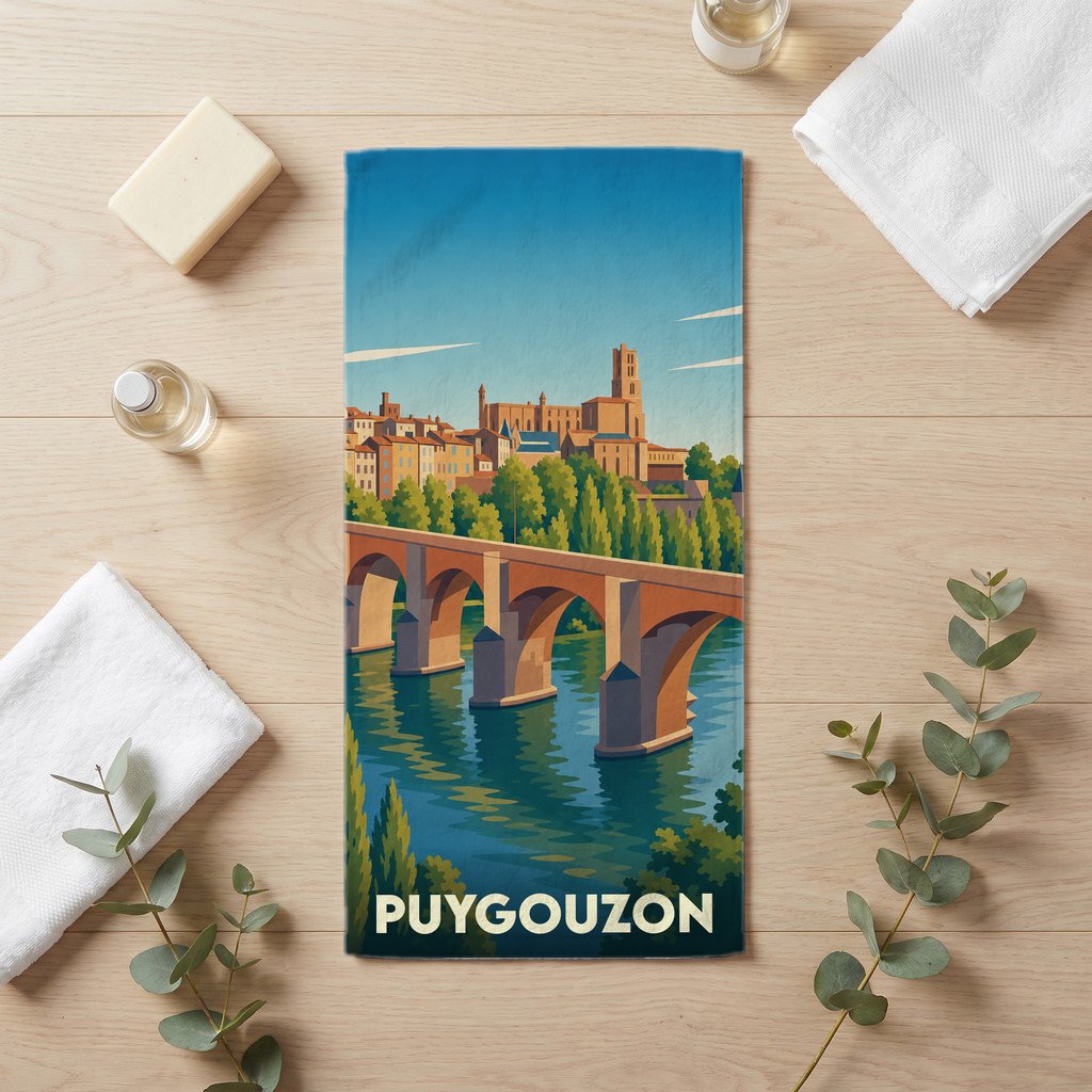 Serviette de bain souvenir de la ville de Puygouzon avec une illustration stylisée d'un pont et d'une cathédrale.
