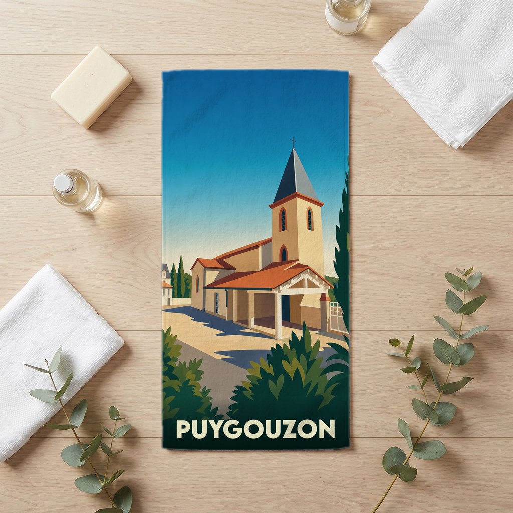 Serviette de bain souvenir de la ville de Puygouzon avec une illustration stylisée de son église.