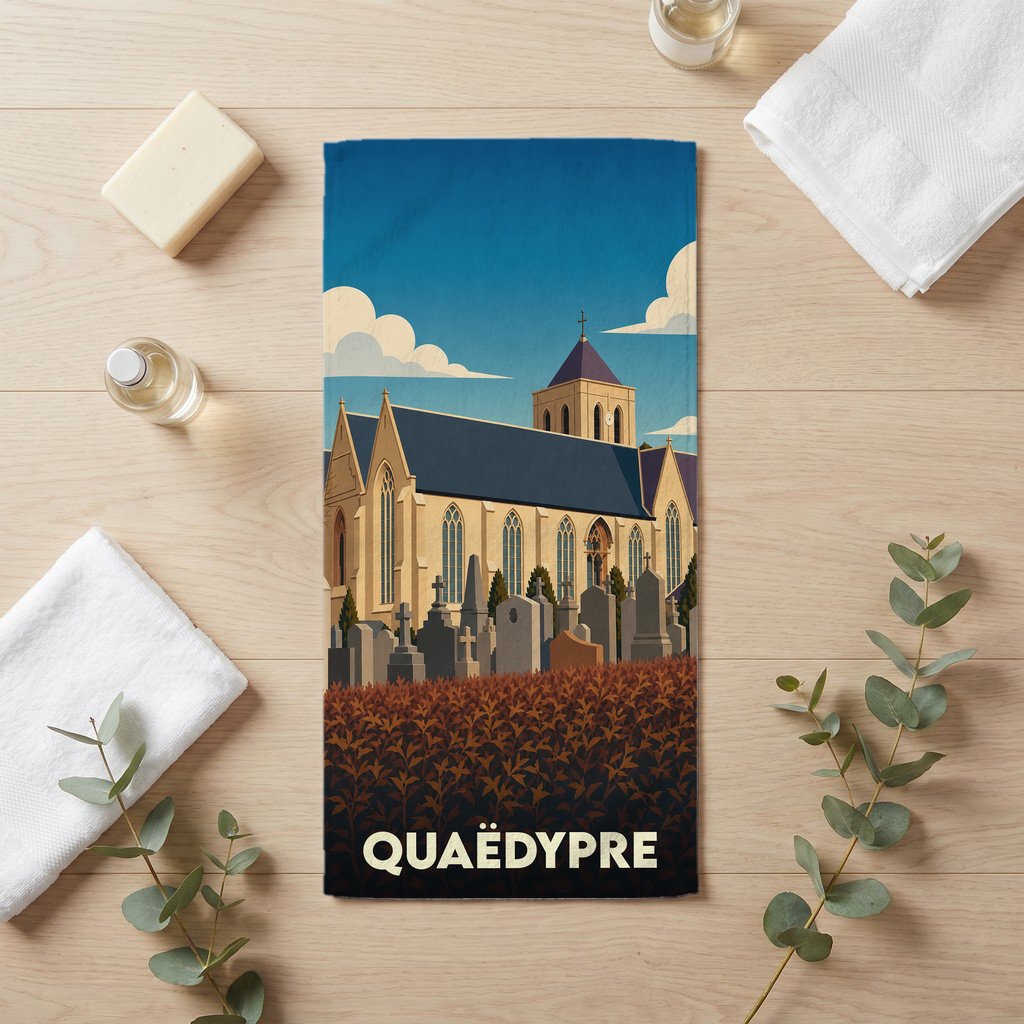 Serviette de bain souvenir de la ville de Quaëdypre avec une illustration stylisée de son église et de son cimetière.
