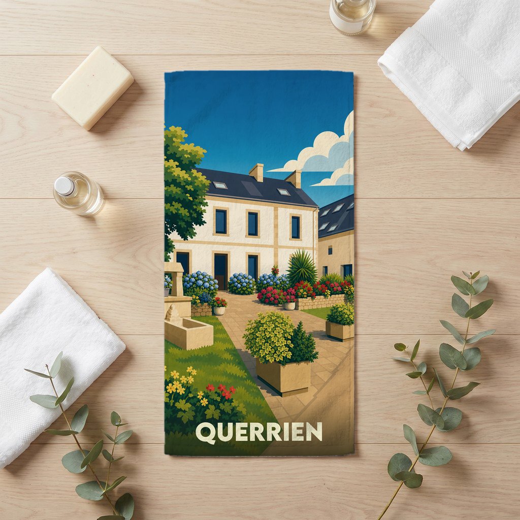 Serviette de bain souvenir de la ville de Querrien illustrée d'une scène de jardin de style vintage.