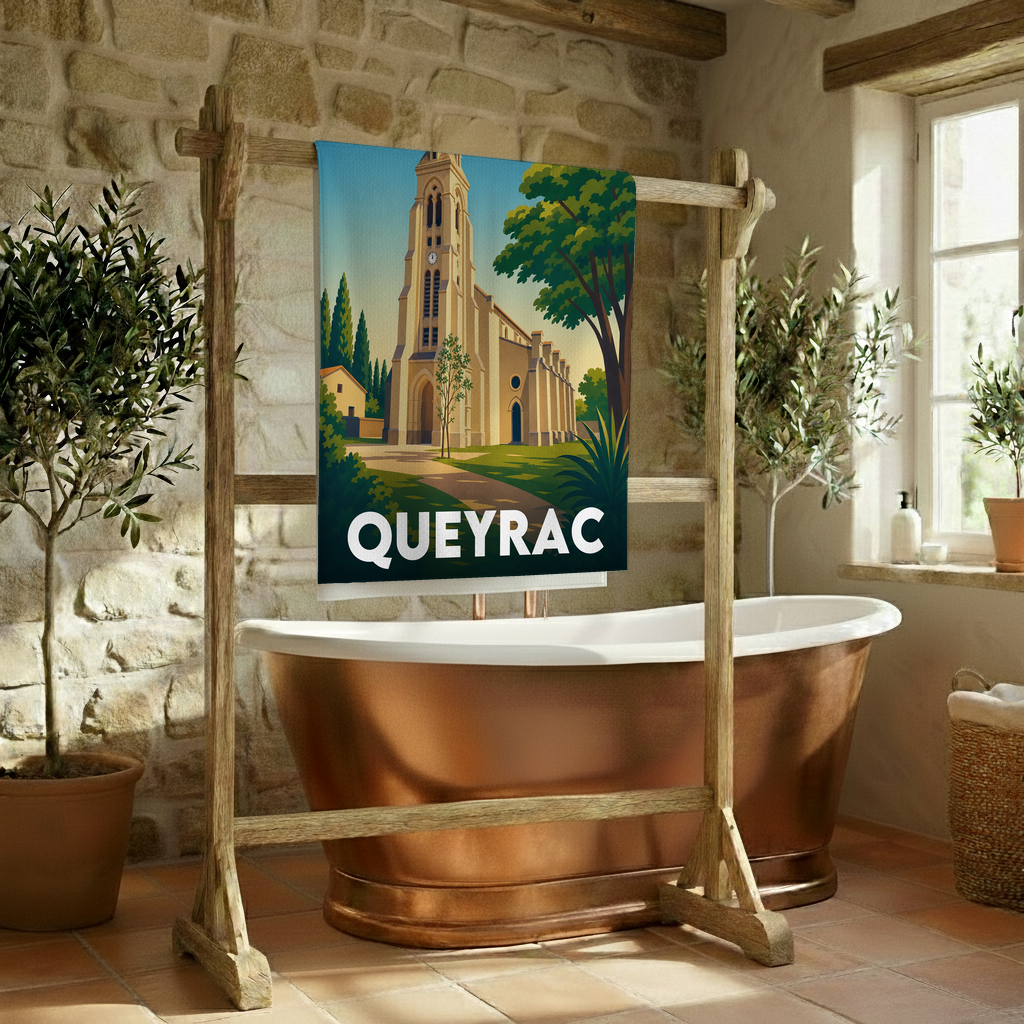 Serviette de bain souvenir de la ville de Queyrac avec une illustration stylisée de son église.