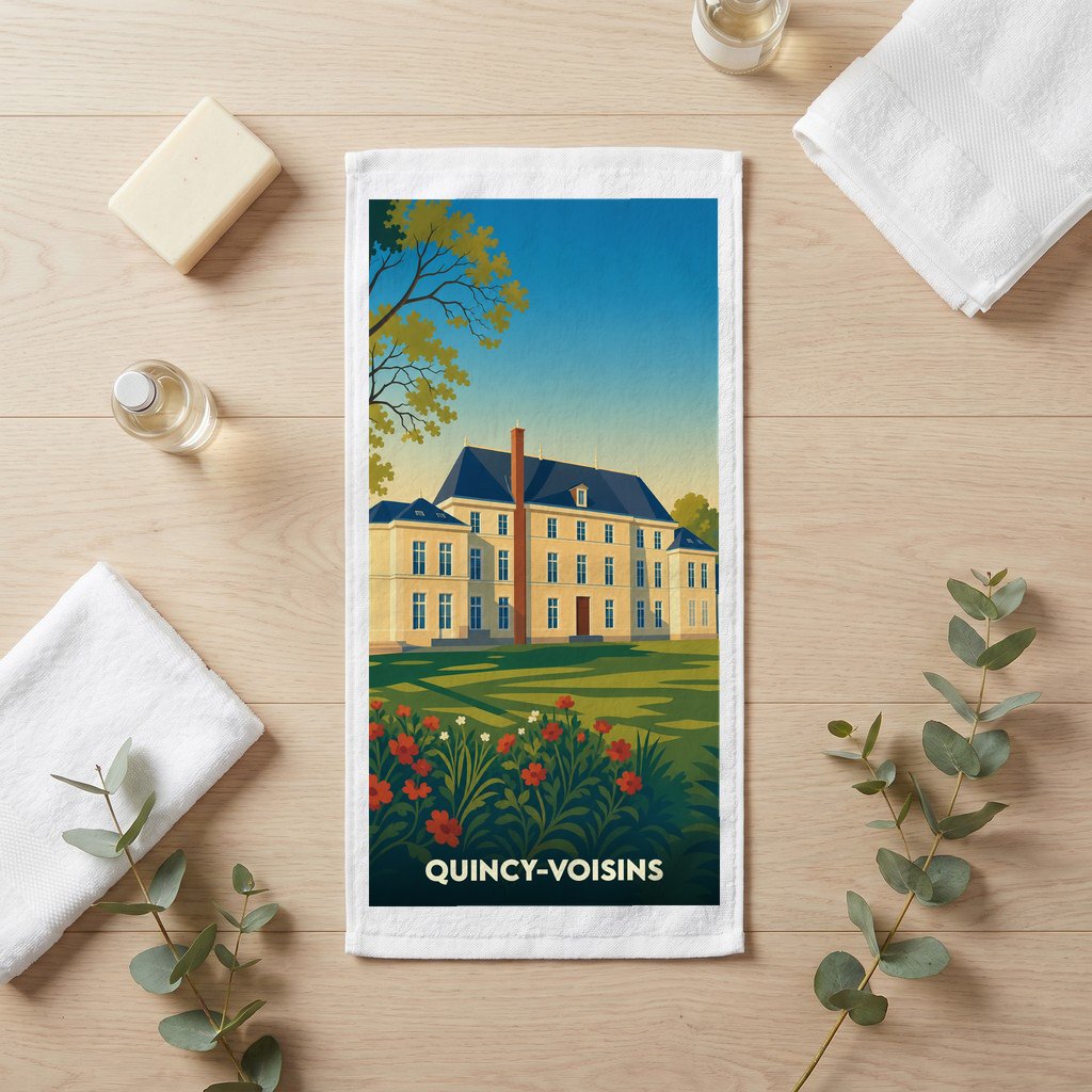 Serviette de bain souvenir de la ville de Quincy-Voisins avec une illustration stylisée d'un château.