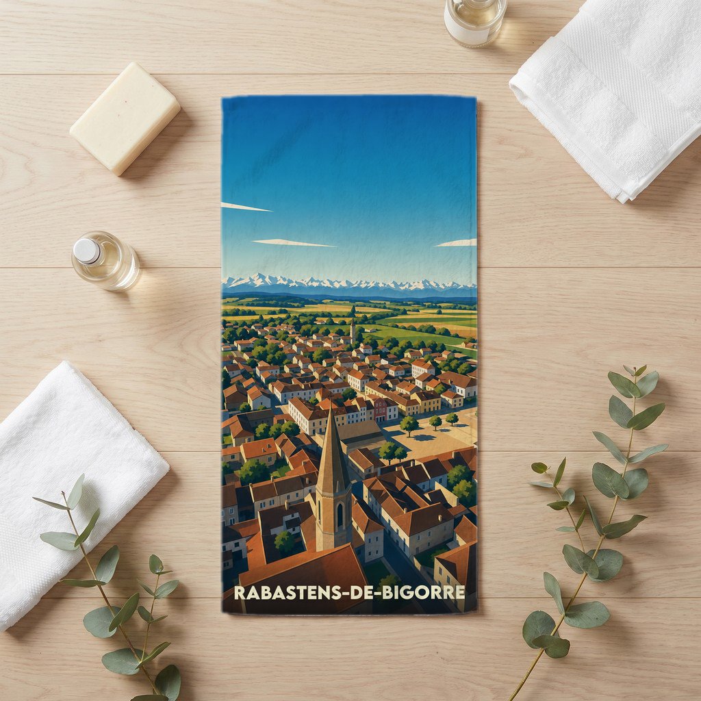 Serviette de bain souvenir de Rabastens-de-Bigorre illustrée d'une vue aérienne stylisée de la ville.