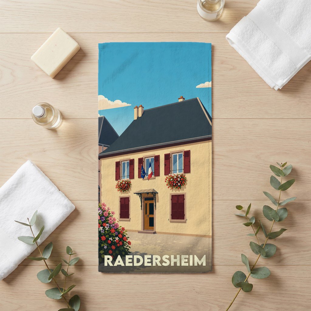 Serviette de bain souvenir de la ville de Raedersheim avec une illustration stylisée d'une maison alsacienne fleurie.