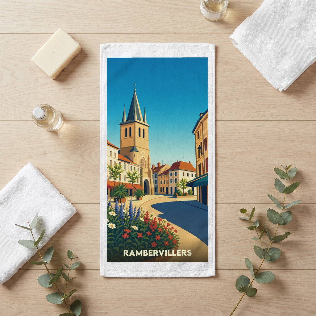 Serviette de bain souvenir de la ville de Rambervillers avec une illustration stylisée.
