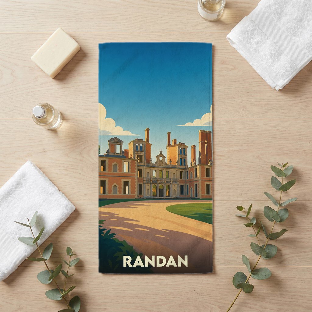 Serviette de bain souvenir de la ville de Randan avec une illustration stylisée de son château.