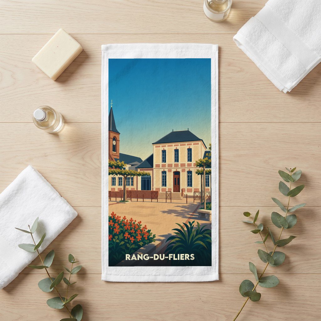 Serviette de bain souvenir de la ville de Rang-du-Fliers avec une illustration stylisée.