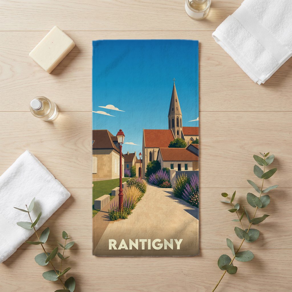 Serviette de bain souvenir de la ville de Rantigny illustrée d'un paysage urbain stylisé.