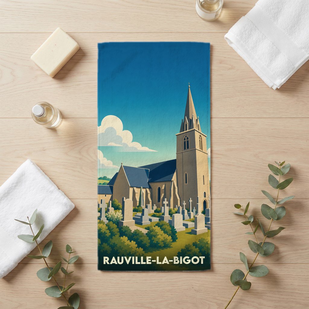 Serviette de bain souvenir de Rauville-la-Bigot illustrant son église et son cimetière dans un style rétro.