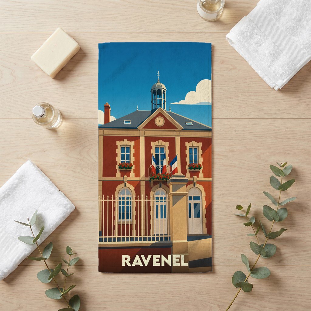 Serviette de bain souvenir de la ville de Ravenel avec une illustration stylisée de sa mairie.