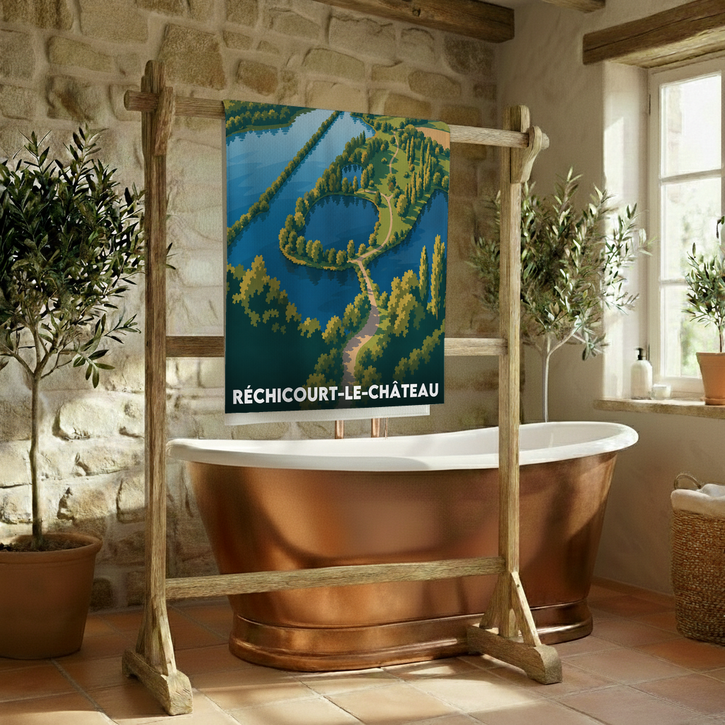 Serviette de bain souvenir de la ville de Réchicourt-le-Château avec une illustration stylisée d'un paysage.