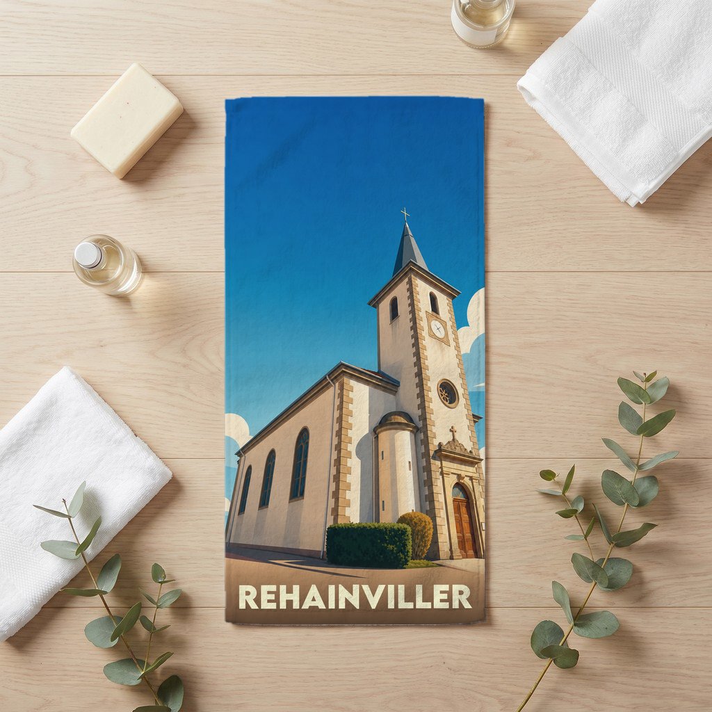 Serviette de bain souvenir de la ville de Rehainviller avec une illustration stylisée de son église.