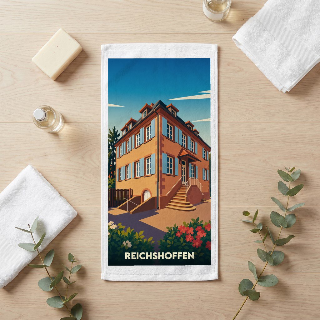 Serviette de bain souvenir de la ville de Reichshoffen avec une illustration stylisée d'un bâtiment historique.