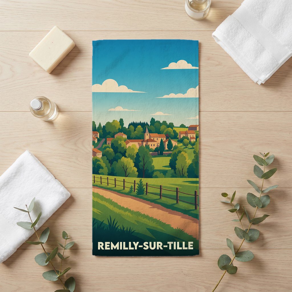 Serviette de bain souvenir de Remilly-sur-Tille avec une illustration stylisée de la ville.