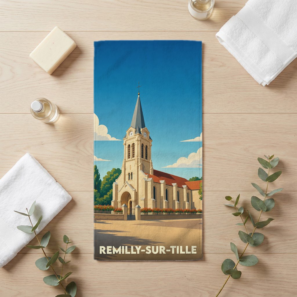 Serviette de bain souvenir de la ville de Remilly-sur-Tille avec une illustration stylisée de son église.