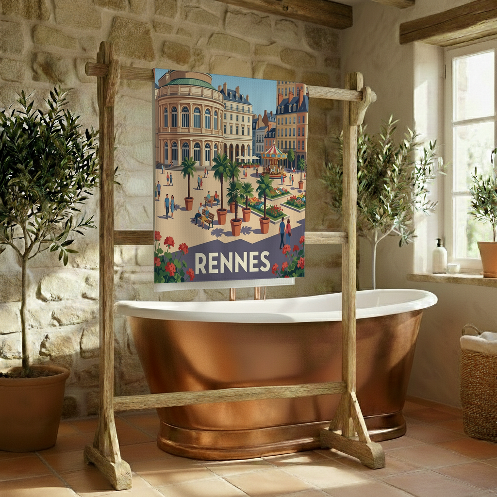 Serviette de bain souvenir de la ville de Rennes avec une illustration stylisée.
