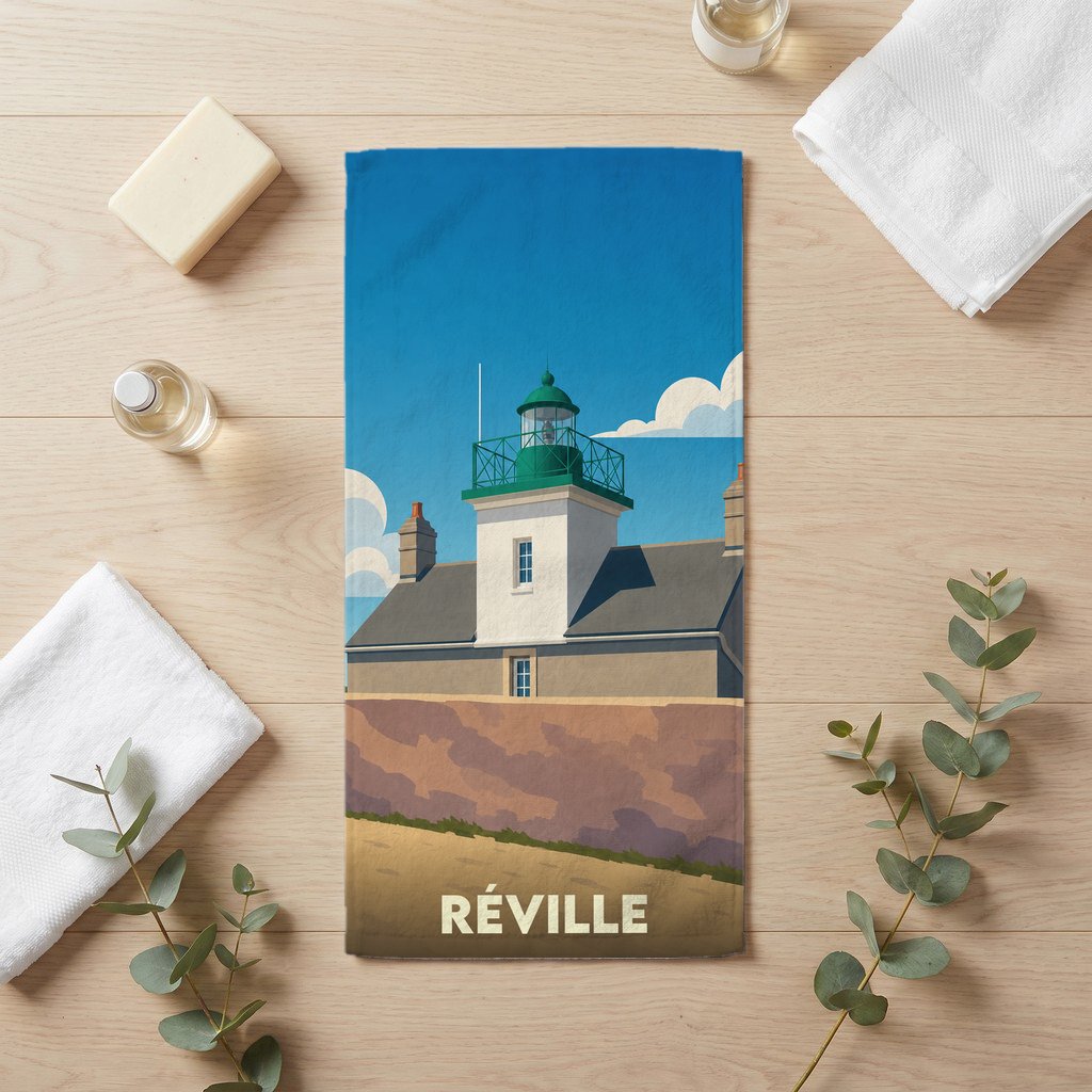 Serviette de bain souvenir de la ville de Réville avec l'illustration stylisée d'un phare.