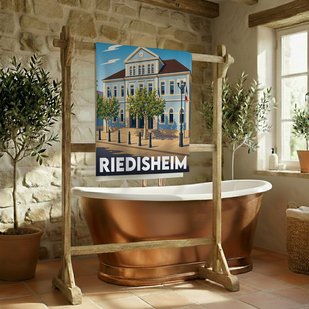 Serviette de bain souvenir de la ville de Riedisheim avec une illustration stylisée.