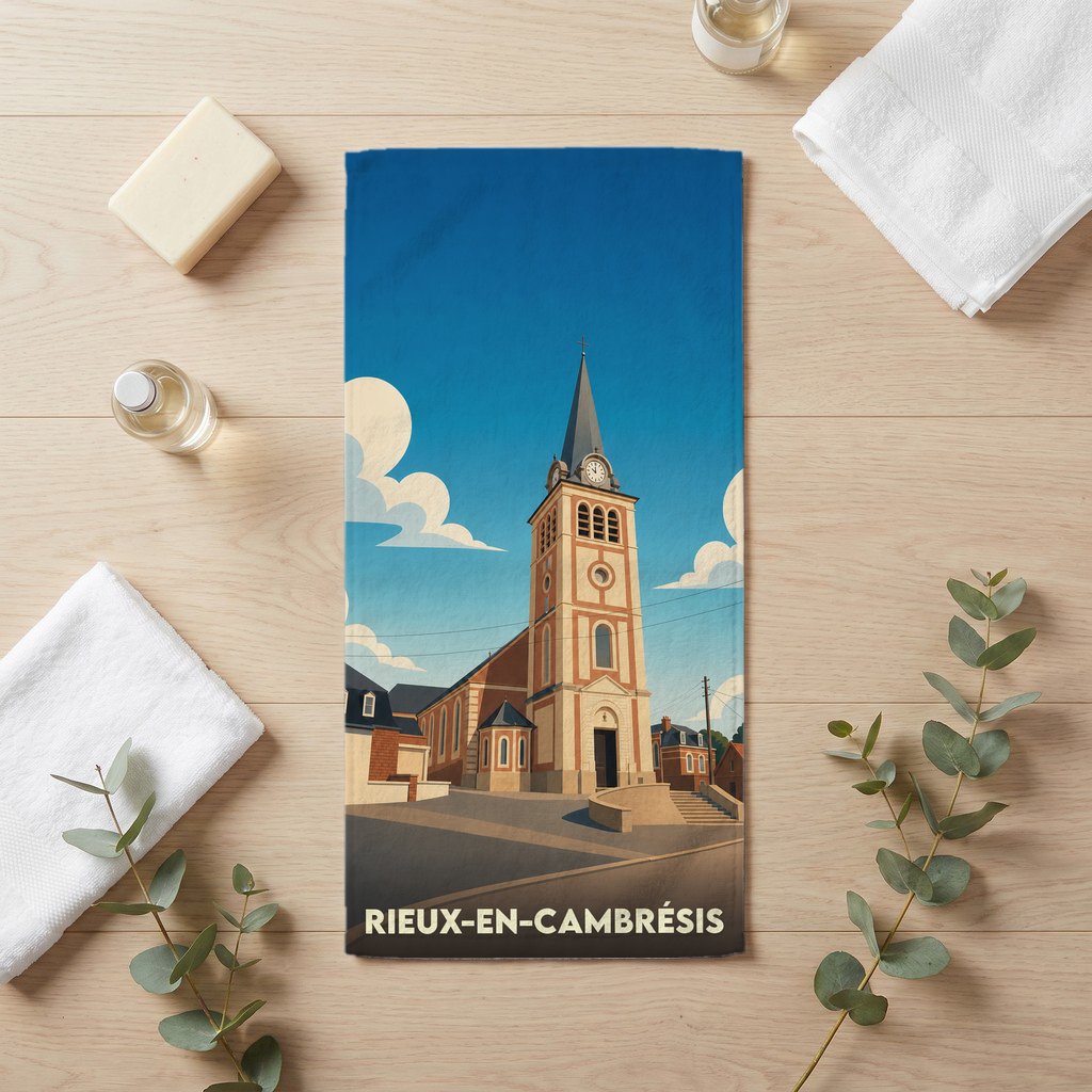 Serviette de bain souvenir de la ville de Rieux-en-Cambrésis avec une illustration stylisée de son église.