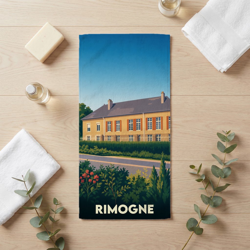 Serviette de bain souvenir de la ville de Rimogne avec une illustration stylisée d'un bâtiment historique.