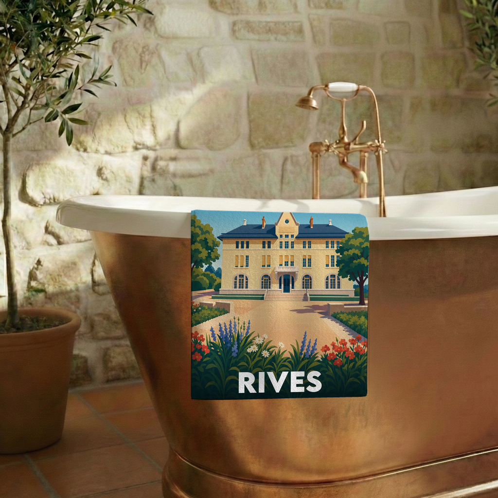 Serviette de bain souvenir de la ville de Rives avec une illustration stylisée.