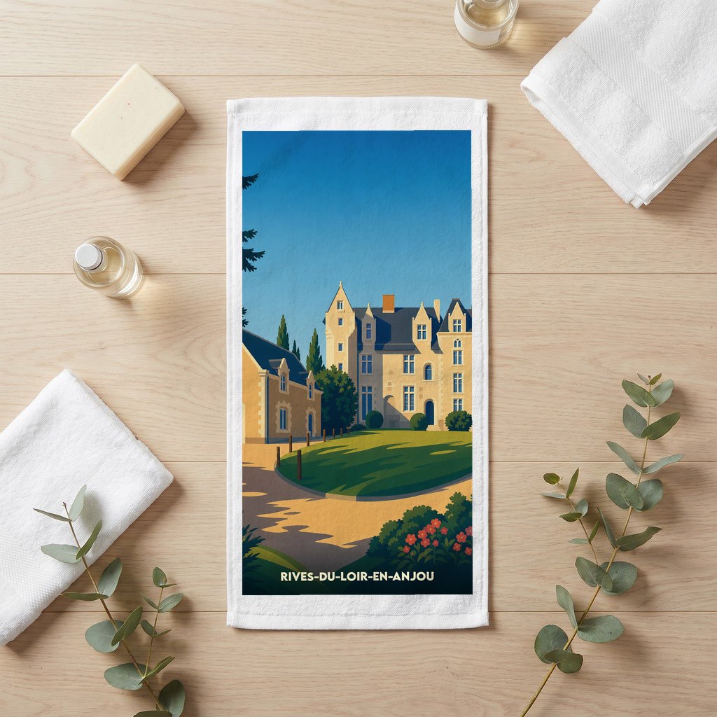 Serviette de bain souvenir de la ville de Rives-du-Loir-en-Anjou avec une illustration stylisée d'un château.