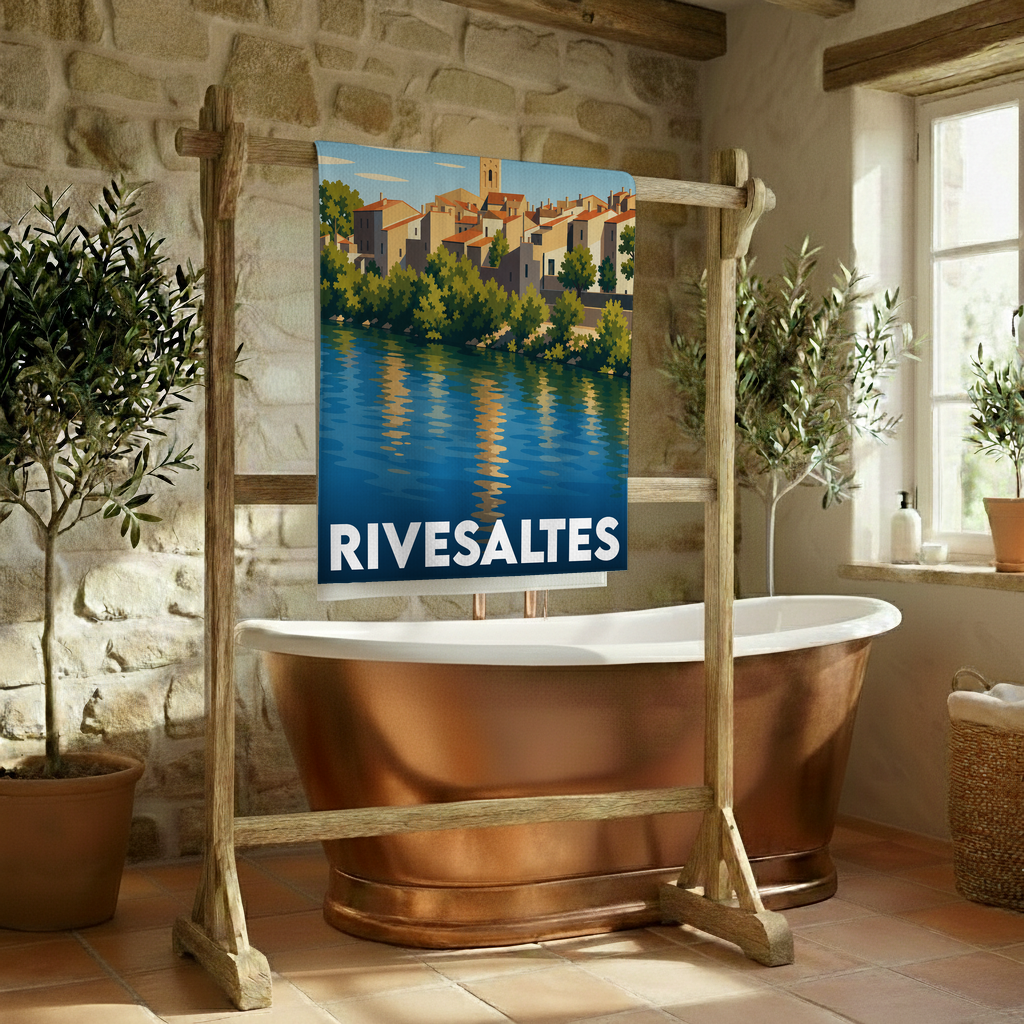 Serviette de bain souvenir de la ville de Rivesaltes avec une illustration stylisée du bord de l'eau.