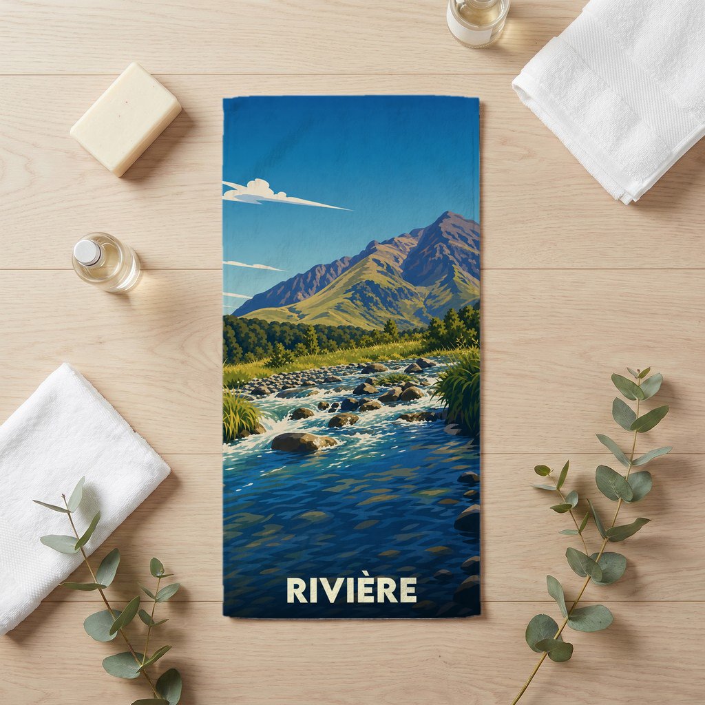 Serviette de bain souvenir de Rivière ornée d'une illustration de montagne et de rivière.