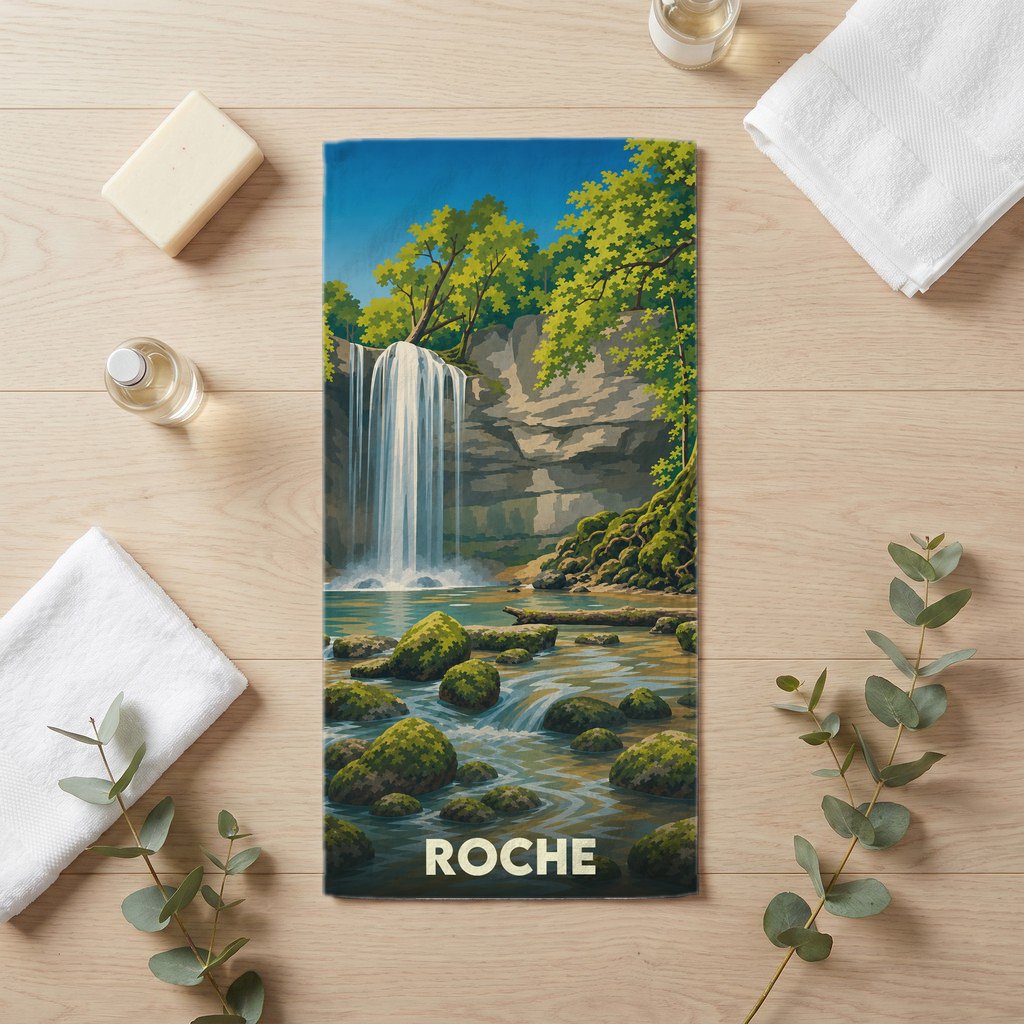 Serviette de bain souvenir de la ville de Roche illustrée d'une cascade dans un décor naturel verdoyant.