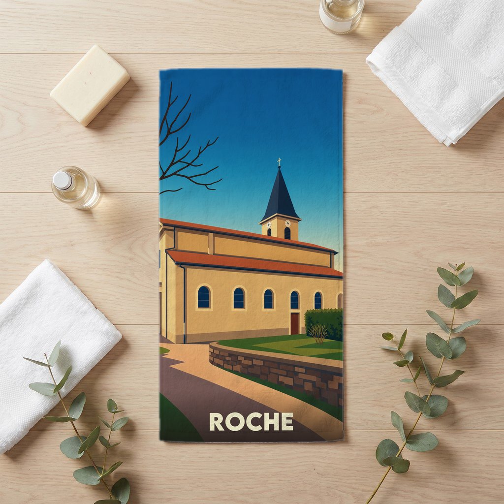 Serviette de bain souvenir de la ville de Roche avec une illustration stylisée de son église.