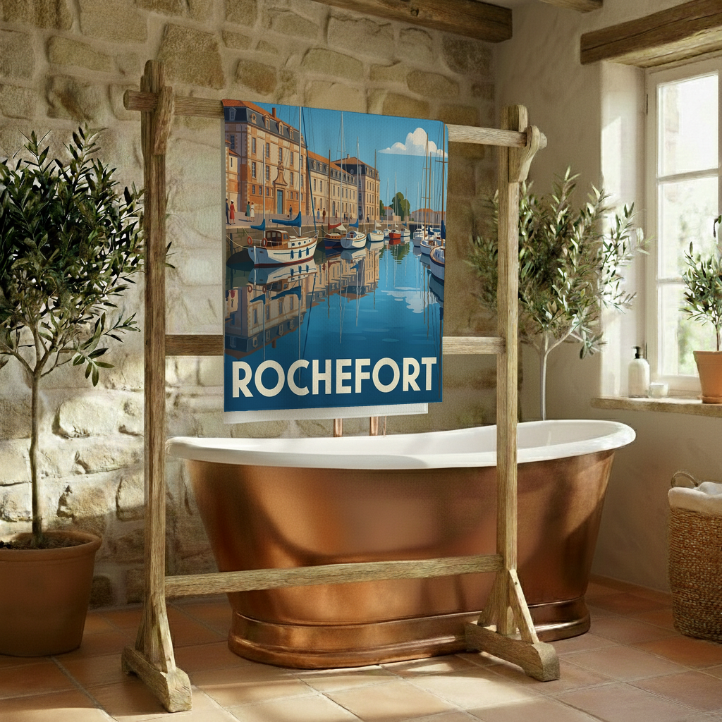 Serviette de bain souvenir de la ville de Rochefort avec une illustration stylisée de son port.