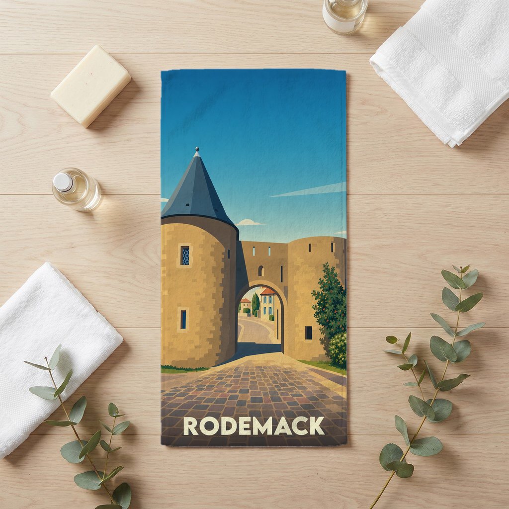 Serviette de bain souvenir de la ville de Rodemack illustrant ses remparts médiévaux dans un style rétro.