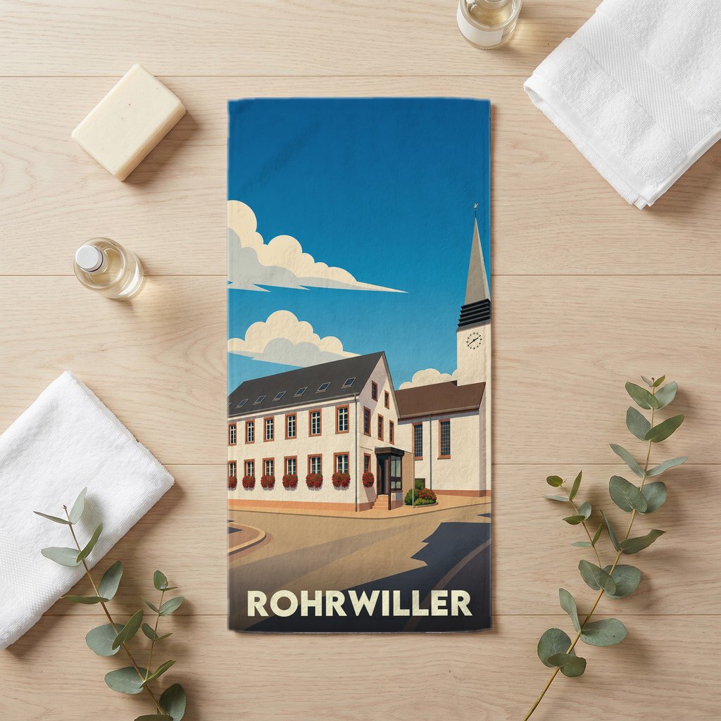 Serviette de bain souvenir de la ville de Rohrwiller avec une illustration stylisée d'un bâtiment traditionnel et de son église.