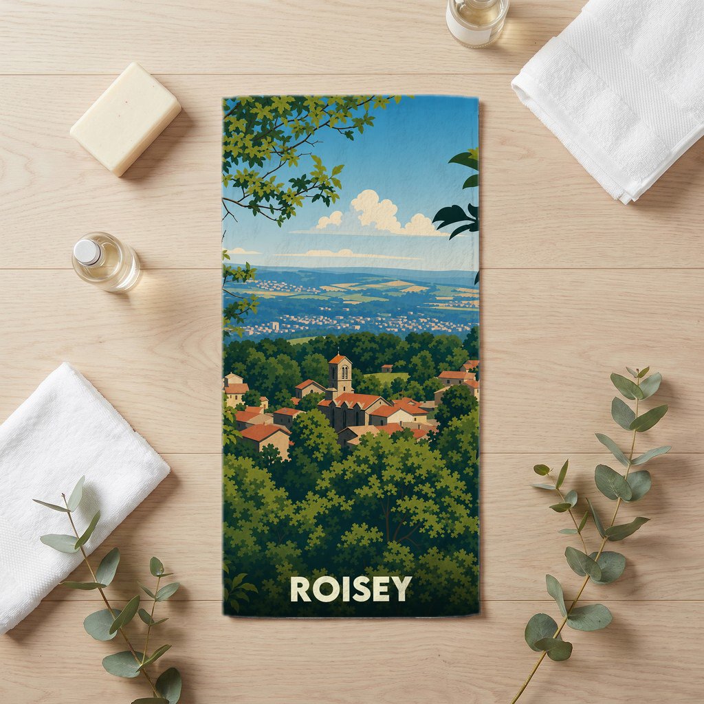 Serviette de bain souvenir de la ville de Roisey avec une illustration stylisée de son paysage.