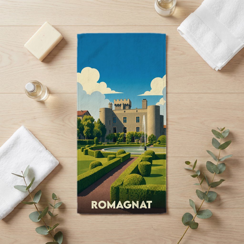 Serviette de bain souvenir de la ville de Romagnat illustrée d'un château et de ses jardins.