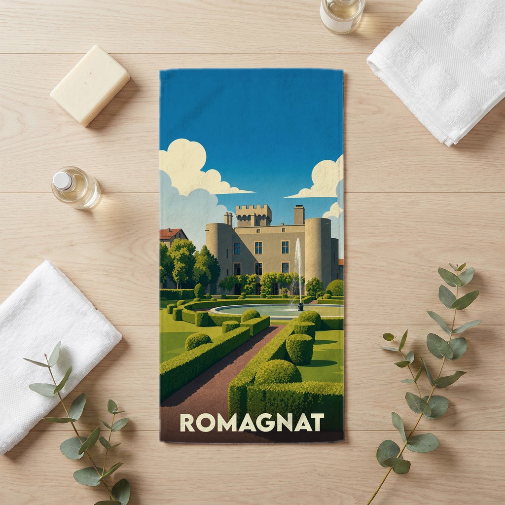 Serviette de bain souvenir de la ville de Romagnat illustrée d'un château et de ses jardins.