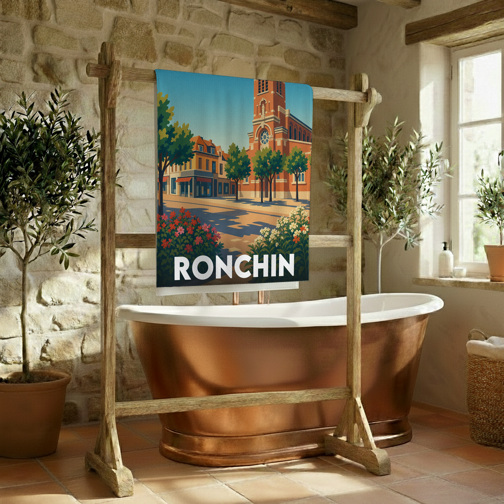 Serviette de bain souvenir de la ville de Ronchin avec une illustration stylisée et colorée.