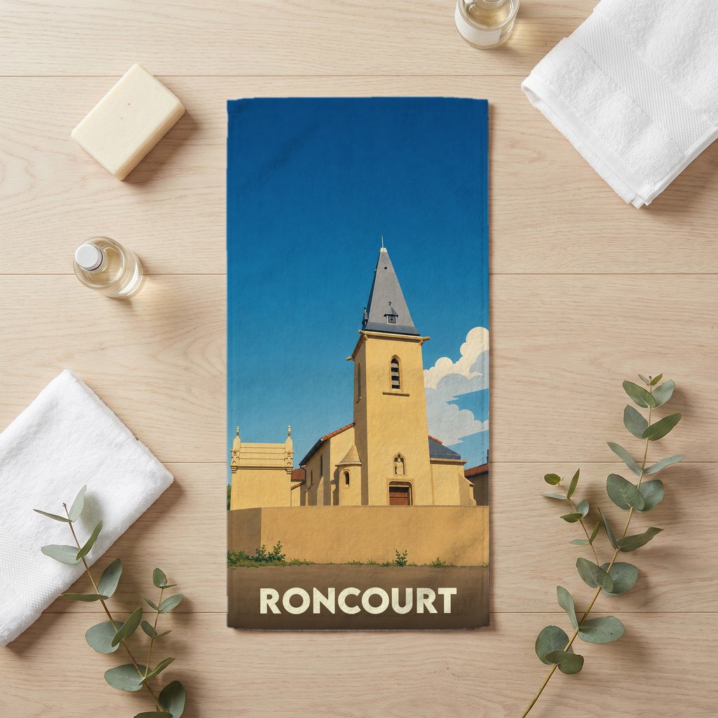 Serviette de bain souvenir de la ville de Roncourt avec une illustration stylisée d'église.