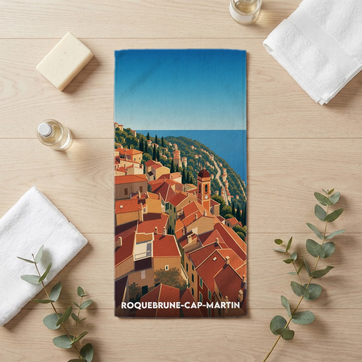 Serviette de bain 30 cm x 60 cm souvenir de Roquebrune-Cap-Martin