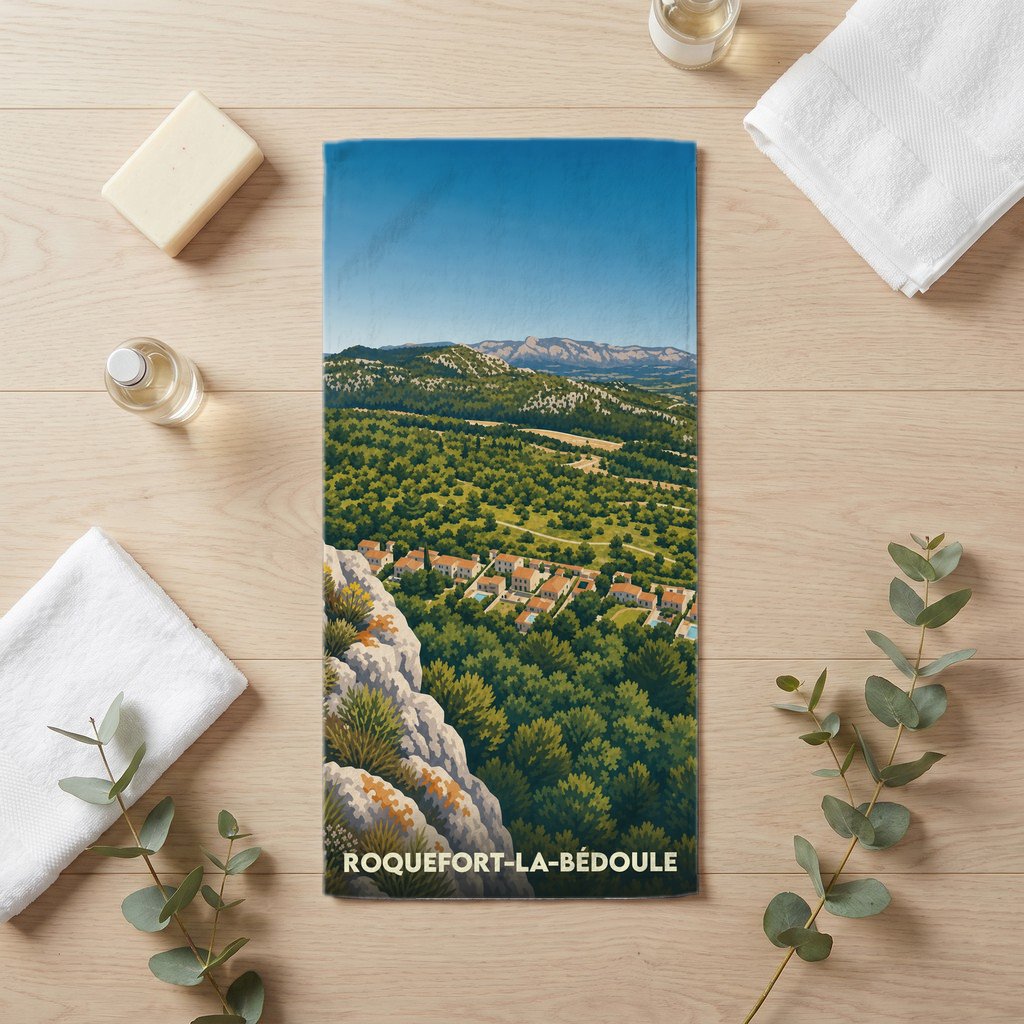 Serviette de bain souvenir de Roquefort-la-Bédoule avec une illustration panoramique de la ville et de ses collines environnantes.