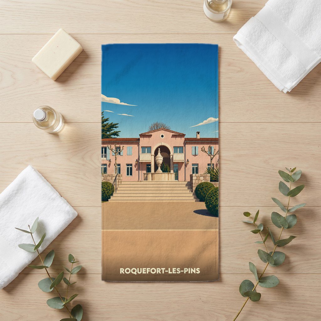 Serviette de bain souvenir de la ville de Roquefort-les-Pins avec une illustration stylisée d'une villa provençale.