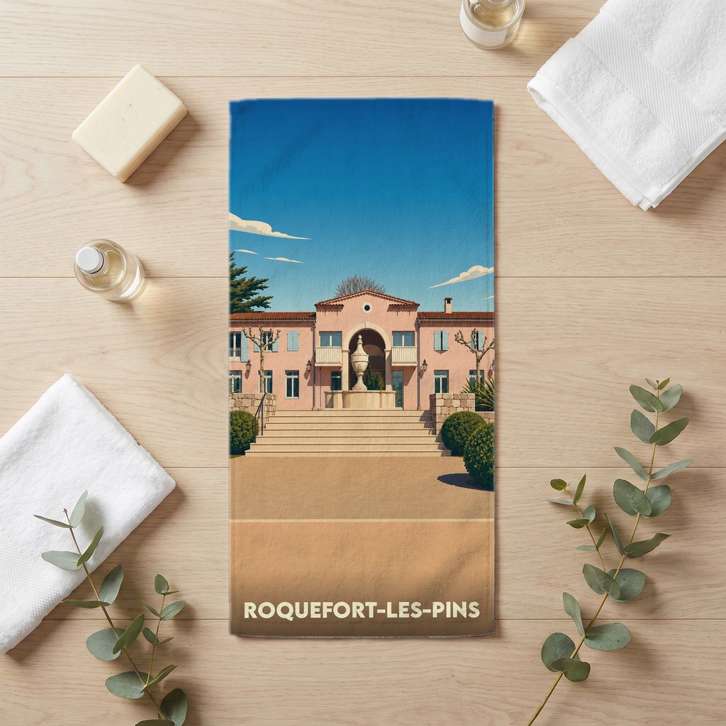 Serviette de bain souvenir de la ville de Roquefort-les-Pins avec une illustration stylisée d'une villa provençale.