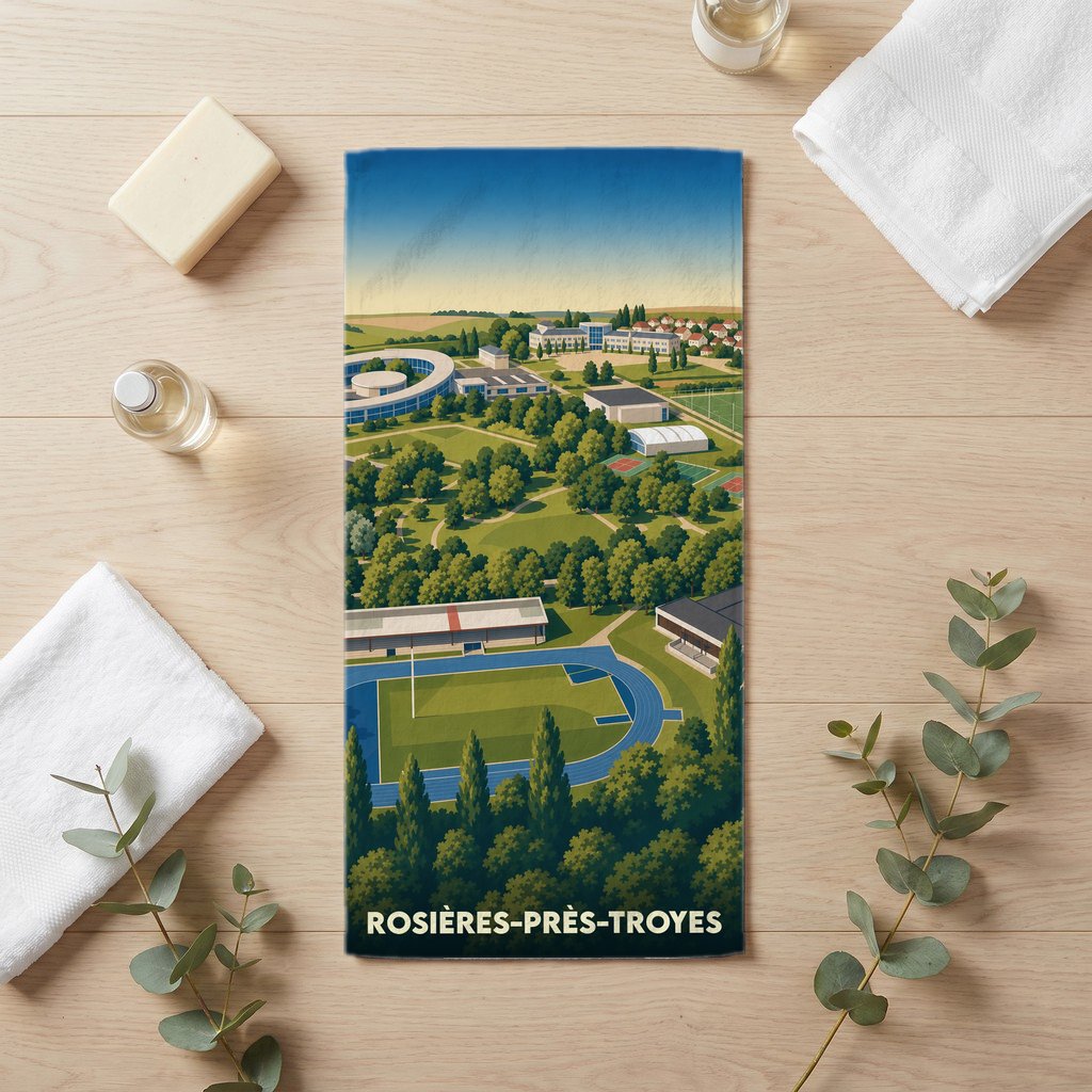 Serviette de bain souvenir de Rosières-près-Troyes illustrée d'une vue aérienne stylisée de la ville.